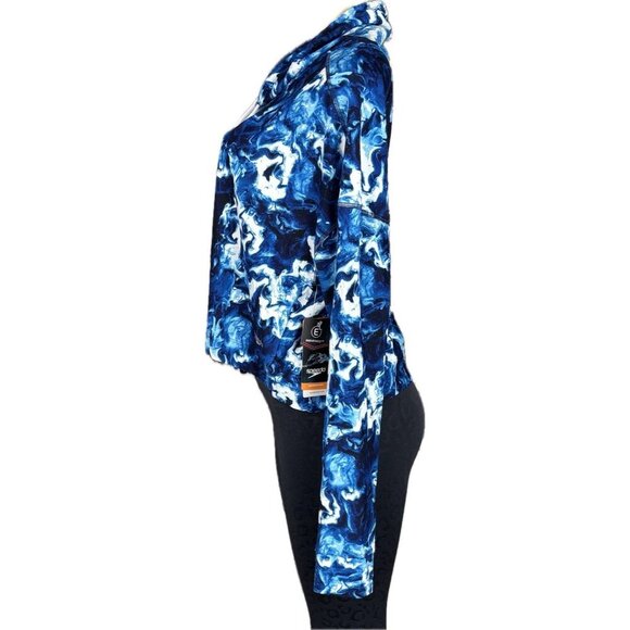 Speedo L Blue Print Drawstring Mock Neck Endurance Lte Long Sleeve Crop Swim Top - Picture 5 of 6